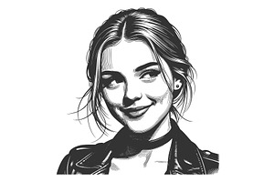 Smiling woman in leather jacket, a Person Illustration by AlexArt