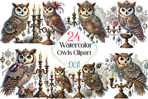 Watercolor Owls Clipart, an Illustration by DreamCafeArt