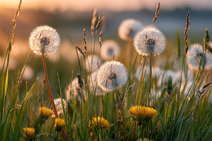 Dandelions at Sunset Golden Hour Mea, a Photo by Pixeness Studio