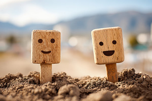 Wooden Blocks with Happy and Sad Faces in Sand, an Abstract Photo by AlyaAnd