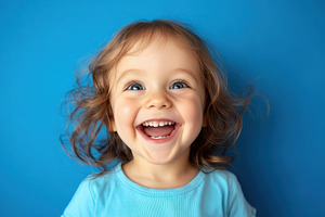 Little girl on a blue background, a Photo by Pavel_design