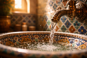 Intricately designed ceramic basin w, a Photo by Dvoevnore photos