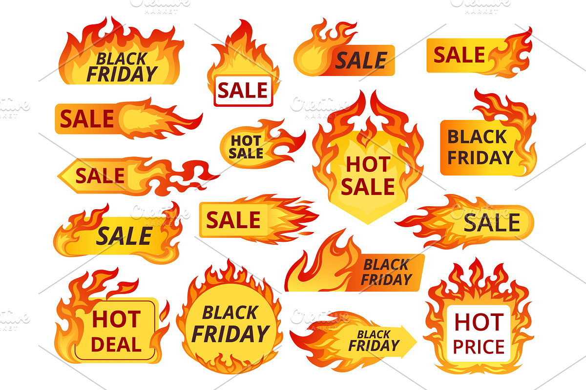 Sale fire badges. Hot deal flame, an Illustration by Stock-Smart-Start