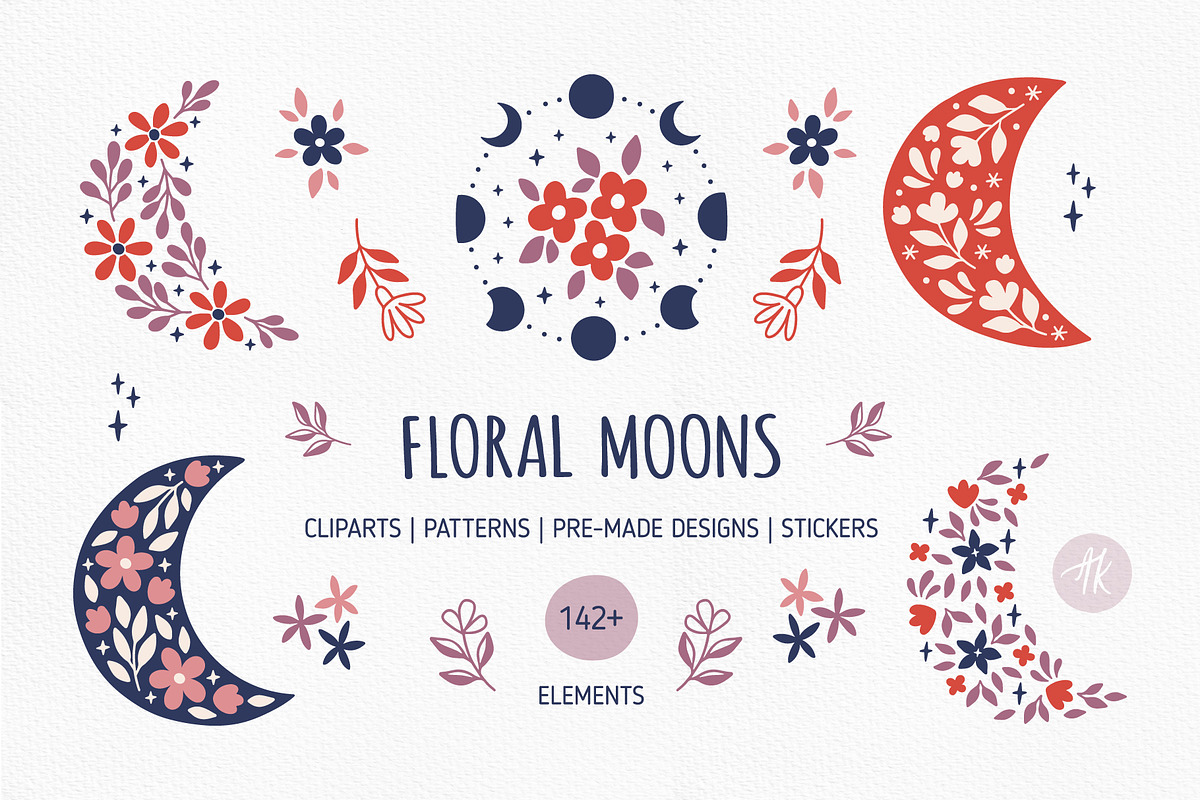 Floral Moons Celestial Vector Set, an Object Graphic by Alena Koval (Photo 1 of 16)