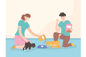 woman and man feeding cats, a Person Illustration by studiogstock