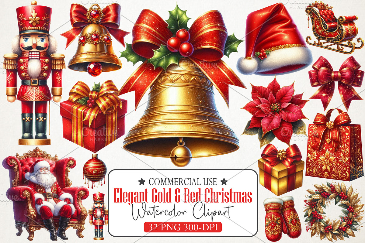 Elegant Gold & Red Christmas Clipart, an Illustration by RobertsArt (Photo 1 of 7)