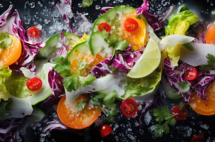 Fresh vegetable salad with citrus, cherry tomatoes, and lettuce, a Photo by Dvoevnore photos