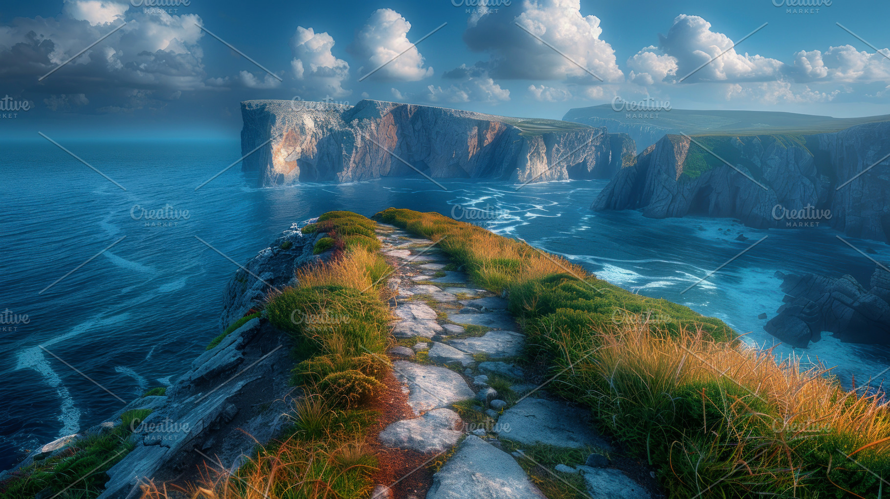 Dramatic coastal cliffs with stone path leading to ocean under v, a Nature Photo by José Manuel Gelpi