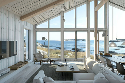Modern living room with couch overlooking on ocean. Scandinavian interior, a Beauty & Fashion Photo by AlyaAnd