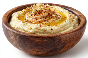 Delicious Hummus in Wooden Bowl Spic, a Photo by Pixeness Studio