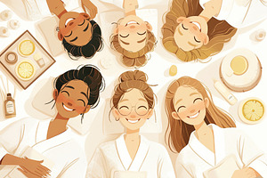 Group of diverse friends enjoying relaxation in spa robes with skincare product, a Photo by AS photostudio
