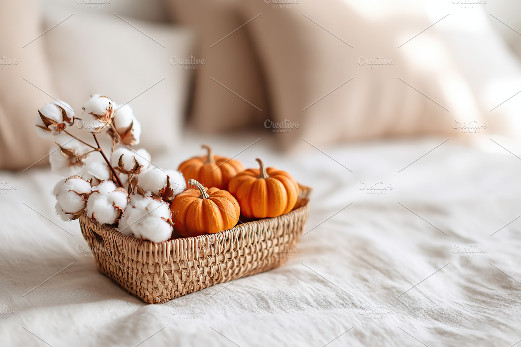 Cozy autumn decor featuring mini pumpkins and cotton on a soft blanket, a Holiday Photo by AlyaAnd