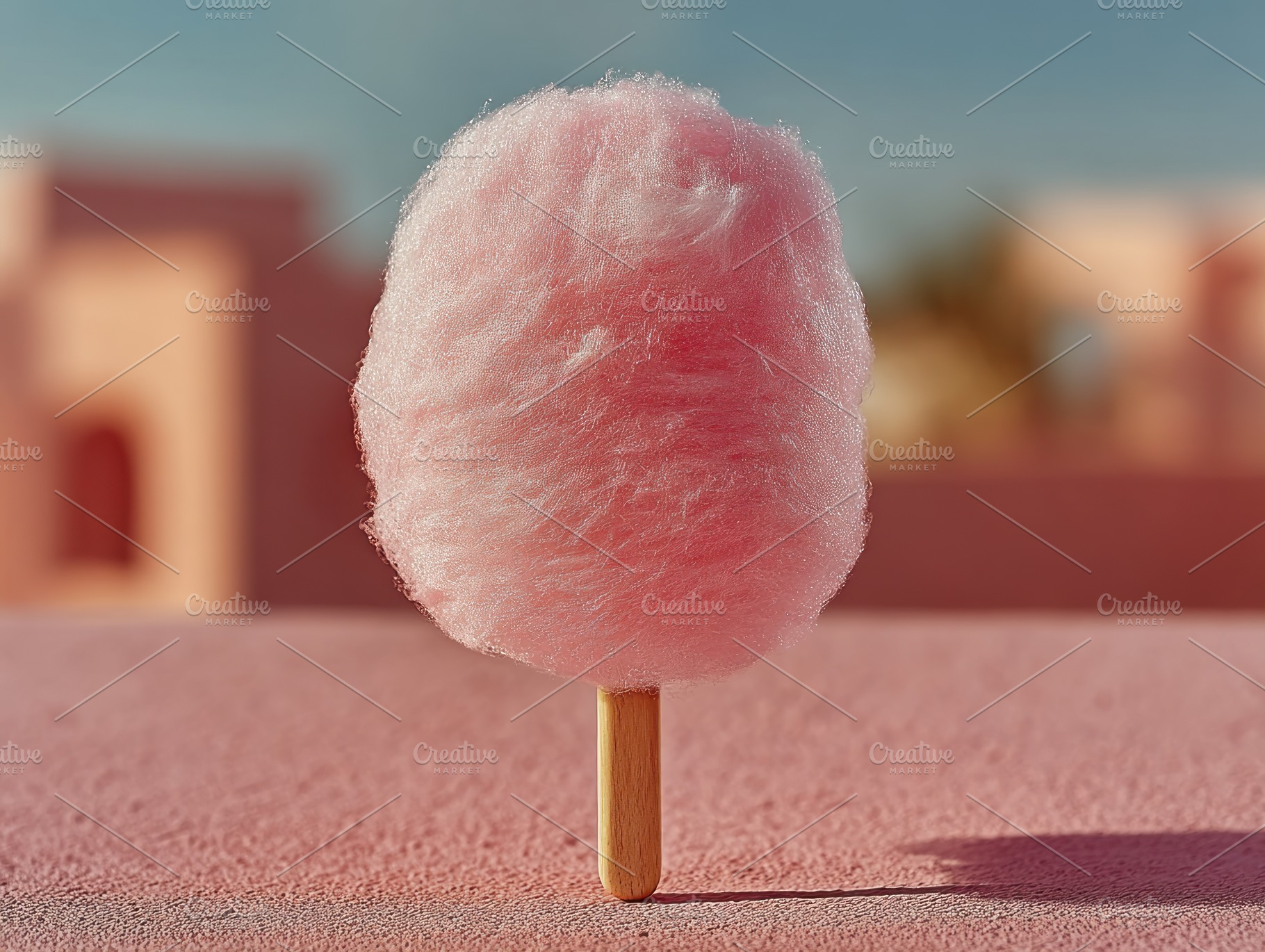 Fluffy pink cotton candy on a wooden stick standing on a texture, a Holiday Photo by José Manuel Gelpi