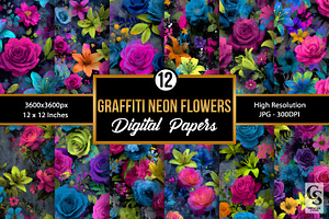 Graffiti Neon Flowers Digital Paper, a Pattern Graphic by Creative Store