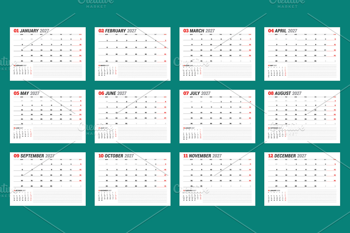 Minimal 2027 Vector Calendar EPS, a Texture Illustration by mikhailmorosin (Photo 3 of 8)