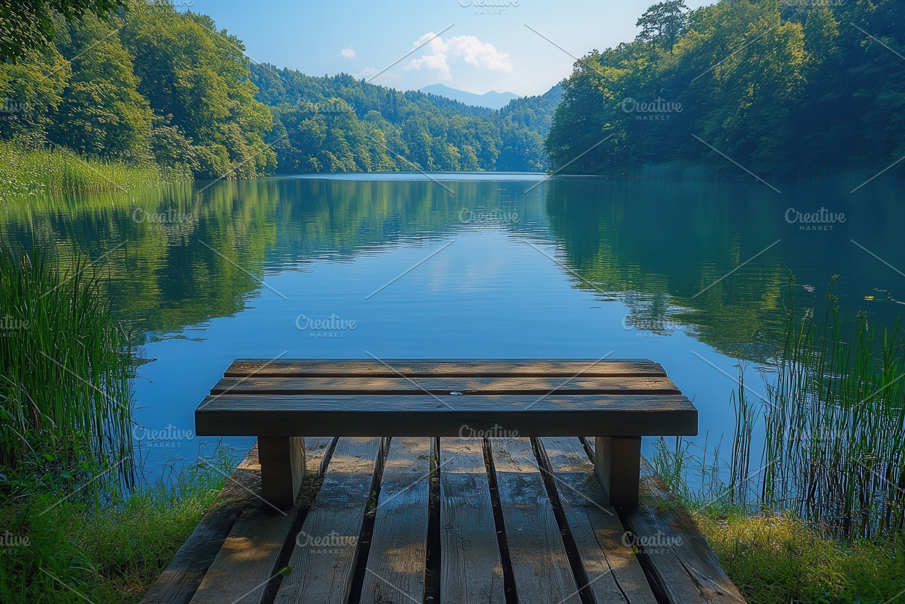 Tranquil lakeside view with wooden b, a Photo by Tanuart