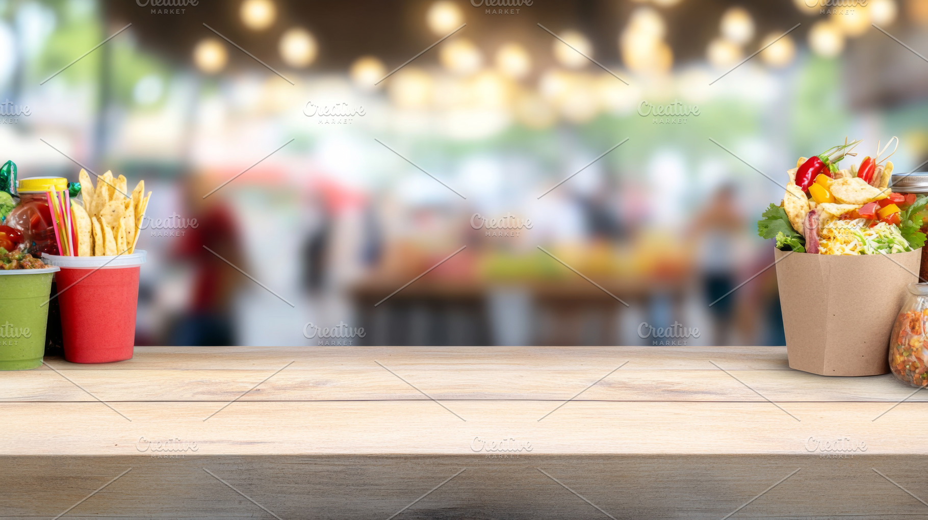 Mexican food with nachos, salsa and iced drinks on wooden table, a Photo by Dvoevnore photos