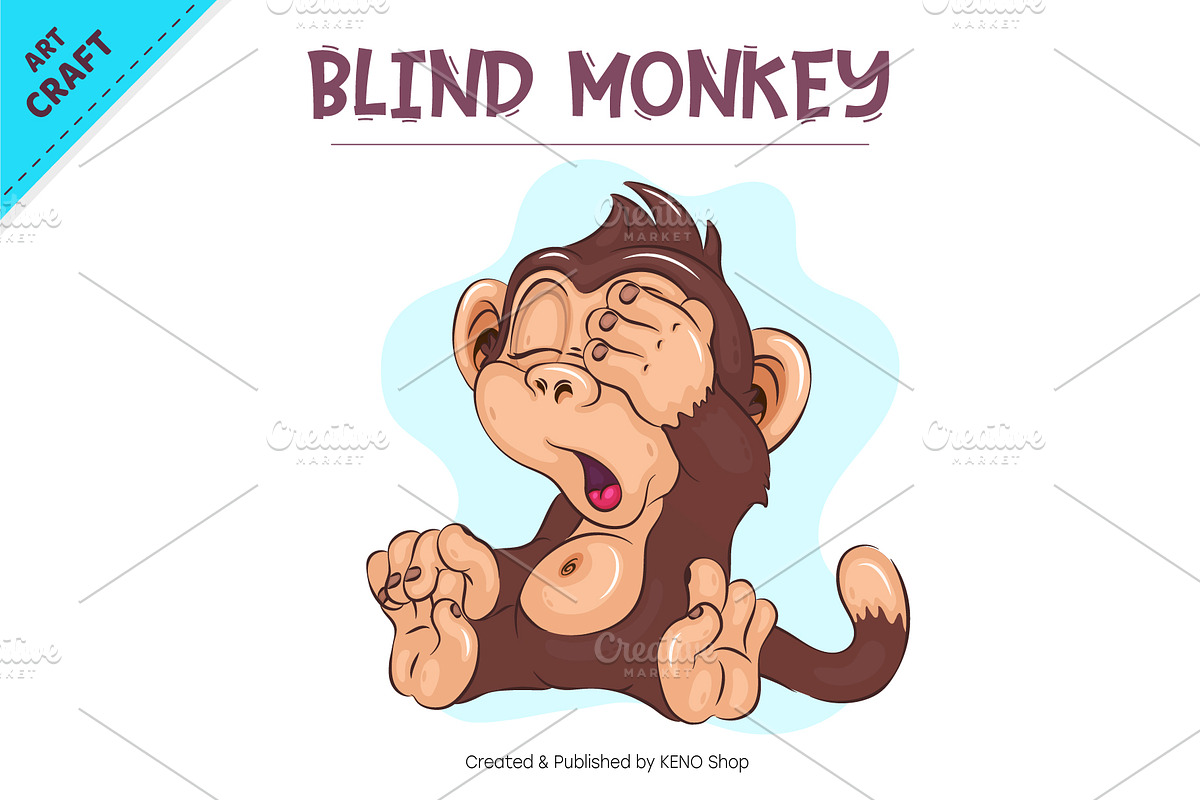 Blind Cartoon Monkey. Tshirt, an Animal Illustration by KENO Mascots (Photo 2 of 3)