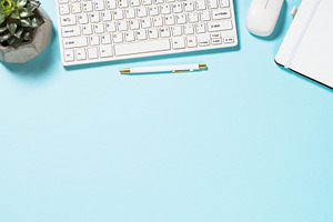 Office flat lay background on blue featuring above, accessories, and, a Business Photo by Nadia-nb