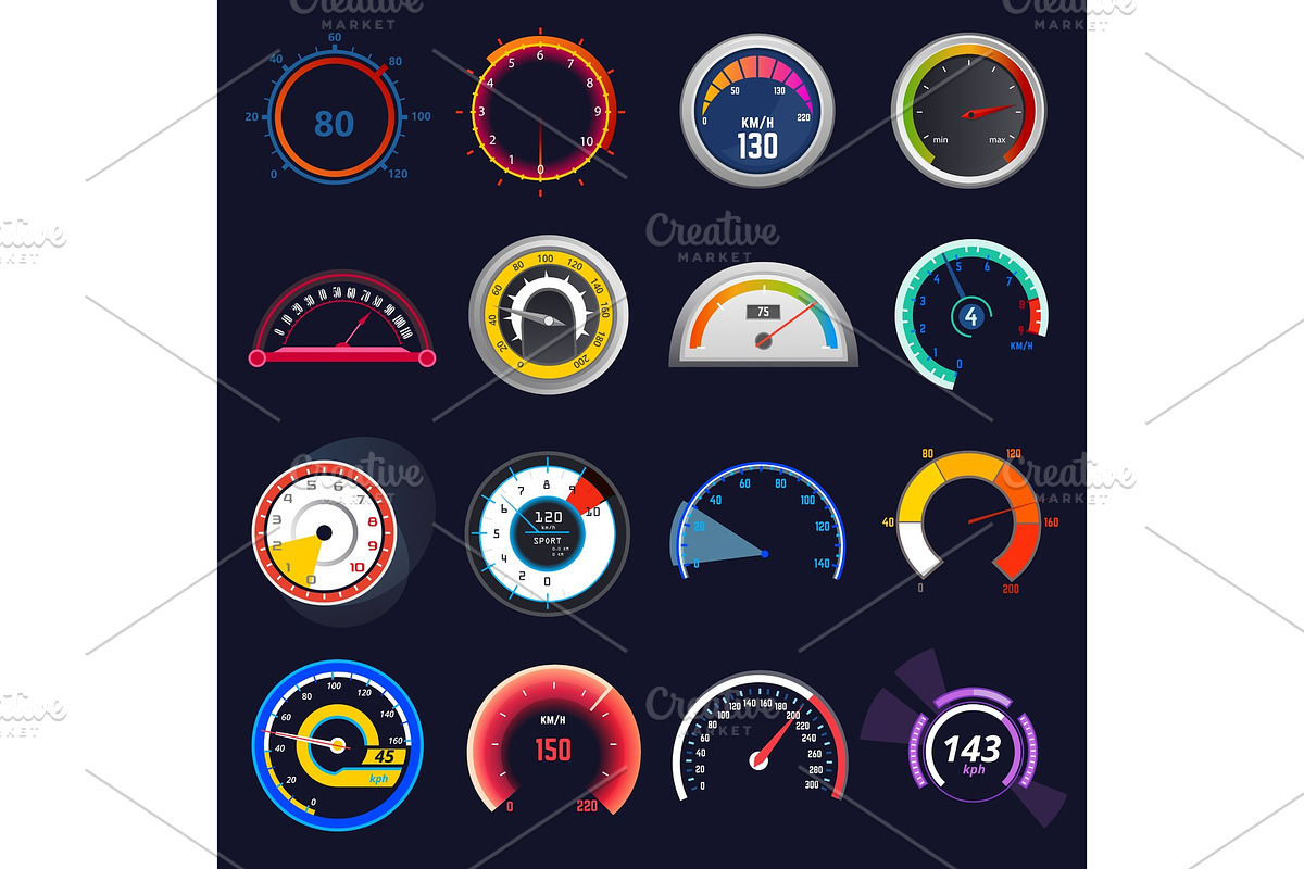Speedometer vector car speed dashboard panel and speed-up power ...