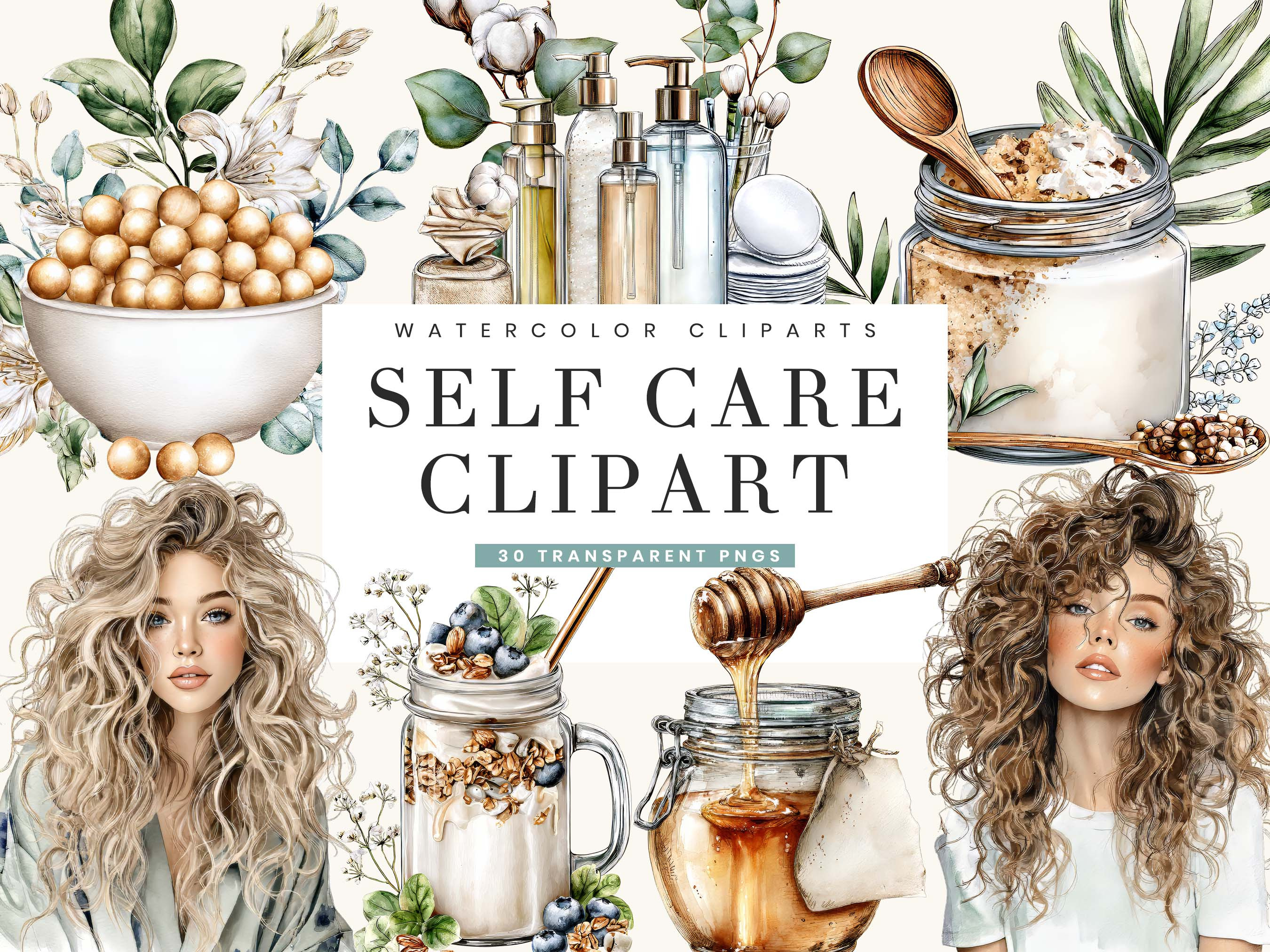 Watercolor Self Care Clipart Bundle, a Person Illustration by BusyDaydesign
