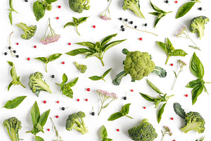 Green basil leaves and broccoli