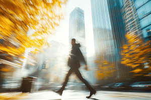 A blurred figure of a person walking through a city street adorned with autumn, a Person Photo by Textures & Backgrounds