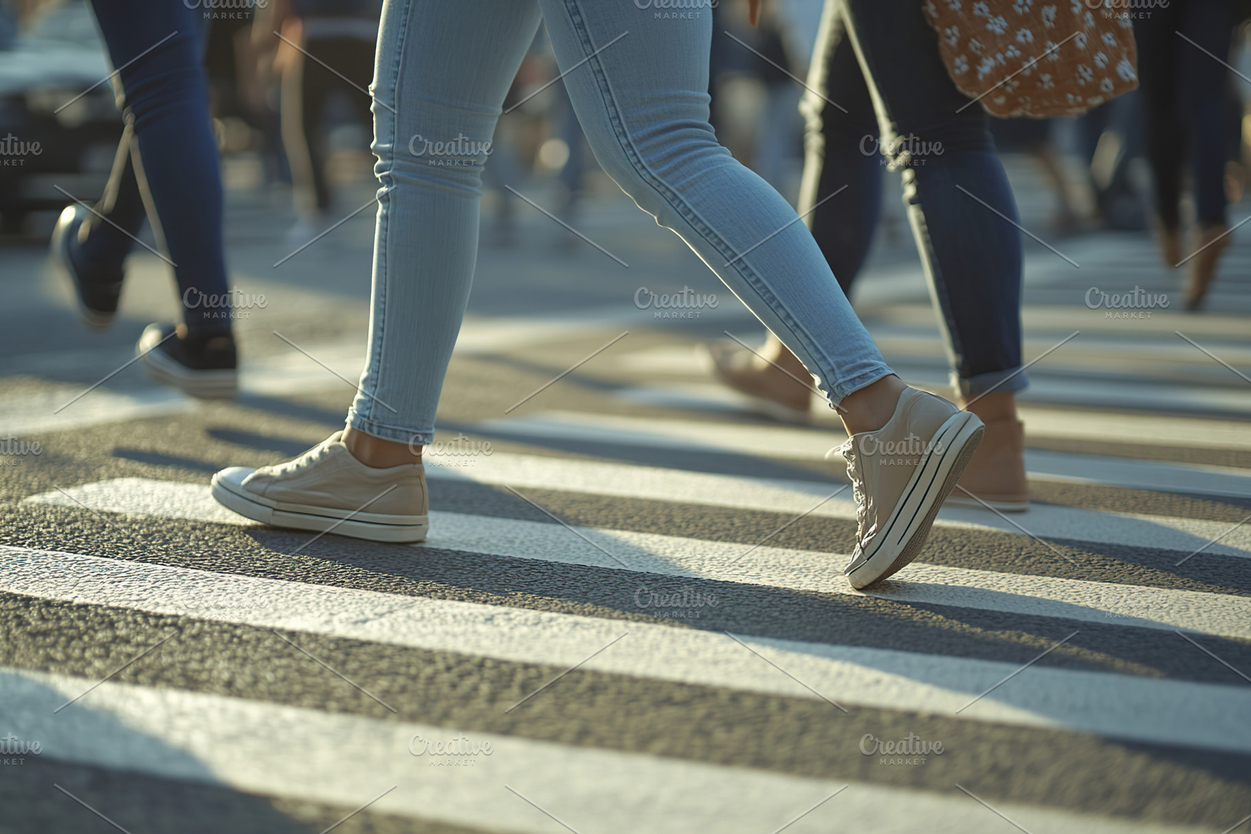 Closeup of people legs crossing the street on the crosswalk, a Person Photo by AlyaAnd