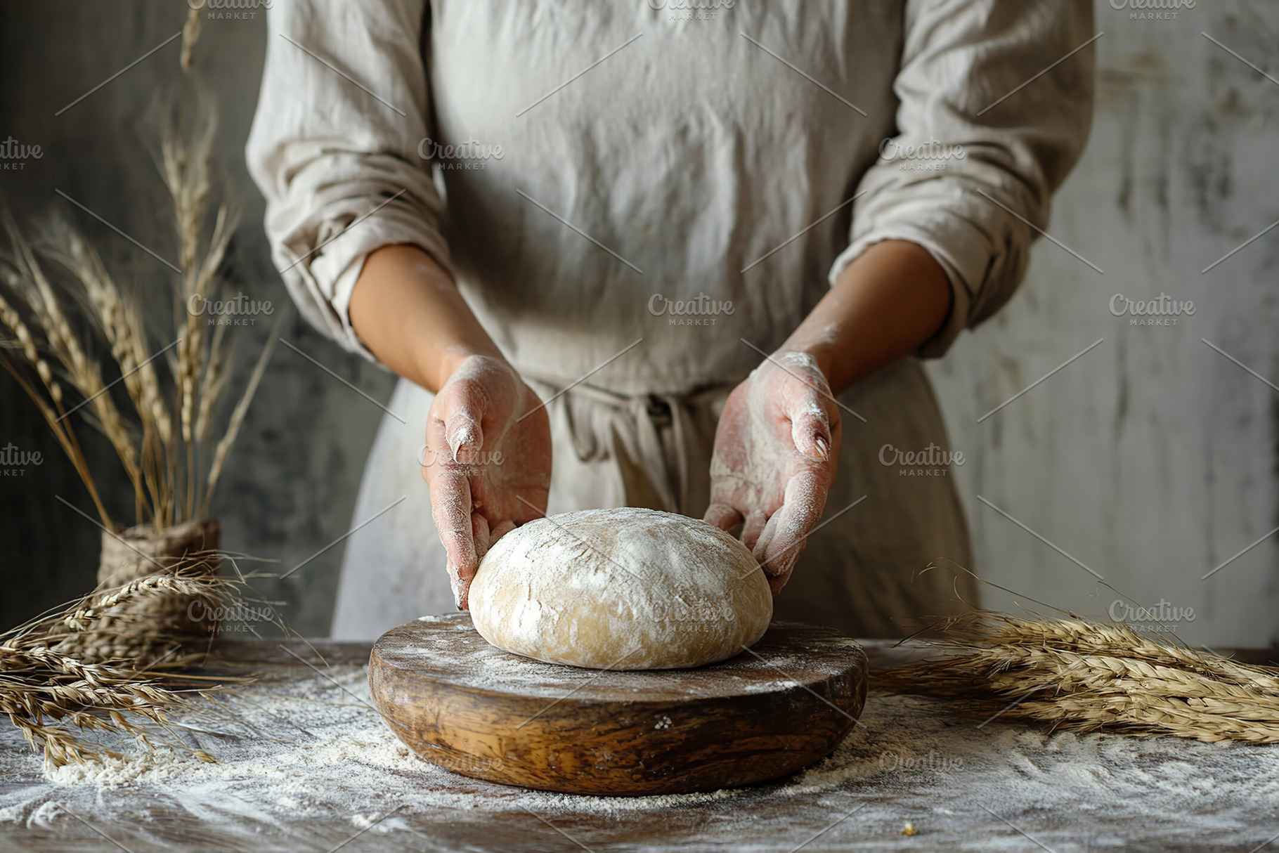 Female baker preparing dough on wooden surface with wheat and rustic background, a Food & Drink Photo by AlyaAnd