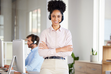 Portrait of black woman, call center and customer service employee working in office of remote online telemarketing business. Crm consultant, digital support worker and corporate telecommunications, a Photo by Peopleimages.com