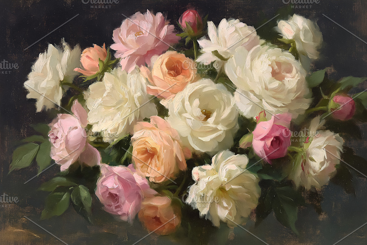 Romantic oil painting displaying a lush bouquet of pink, white,, an Illustration by Studio ANNA