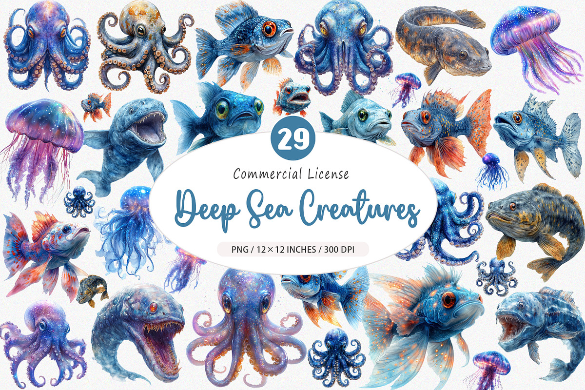 Watercolor Deep Sea CreaturesPNG, an Illustration by SinaCreation (Photo 1 of 5)