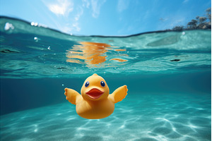 a rubber duck floating in sea water, an Animal Photo by Sergey Kotenev