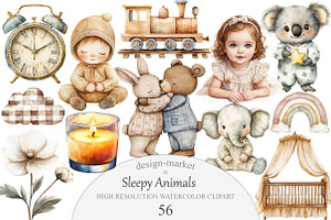 Watercolor Sleepy Animals Clipart, an Illustration by Design Market