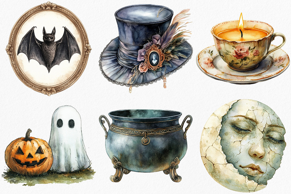 Watercolor Antique Halloween Clipart, an Illustration by Canvas Craft (Photo 2 of 7)