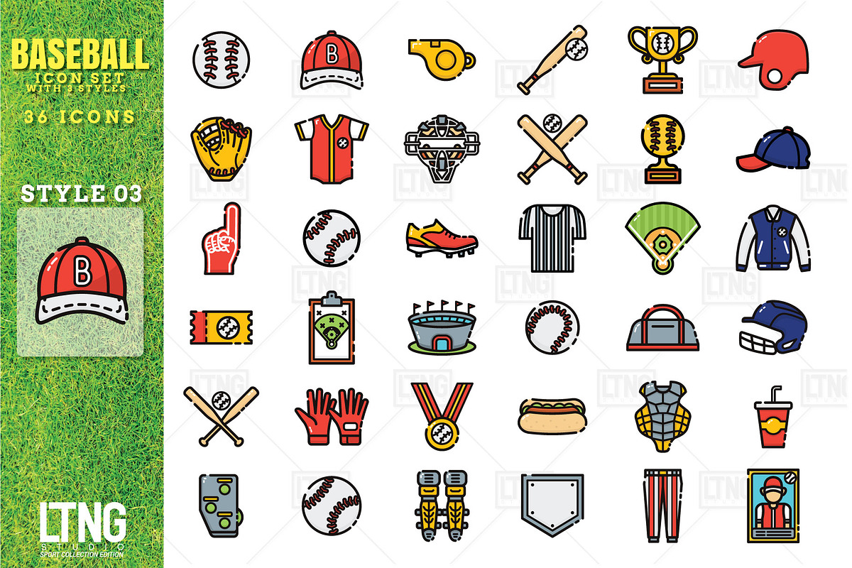 Baseball icon set with 3 styles, an Outline Icon by LTNG STUDIO (Photo 6 of 6)