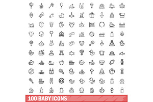 100 baby icons set, outline style, a Food Illustration by Ylivdesign