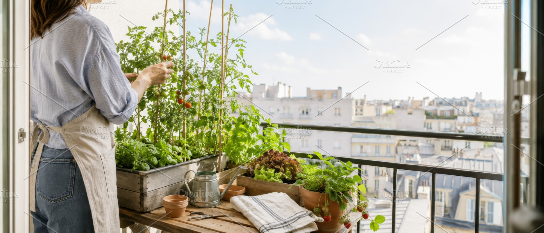 Woman tending balcony garden with ur, a Photo by Dvoevnore photos