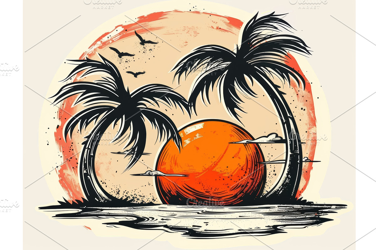 Sunset on Tropical Beach with Palm, an Illustration by tilialucida