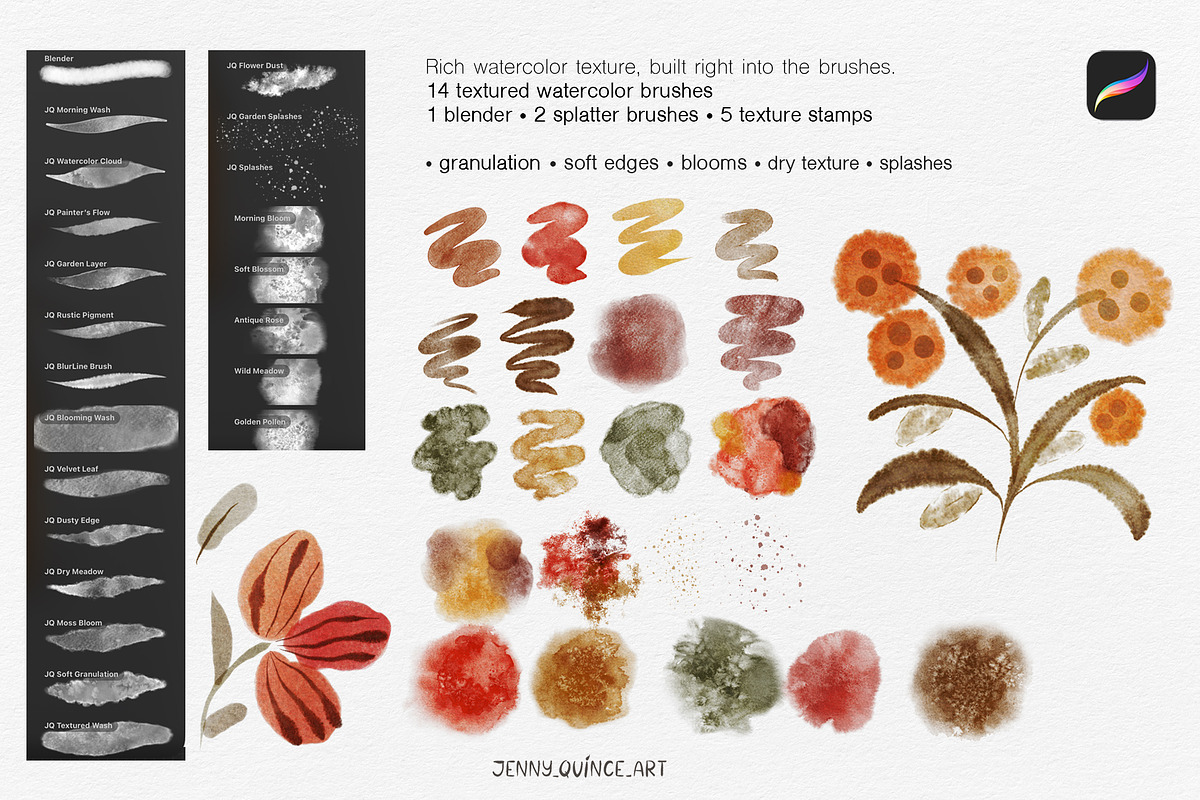 Watercolor Brushes for Procreate, a Brush Add-On by Jenny Quince (Photo 3 of 10)