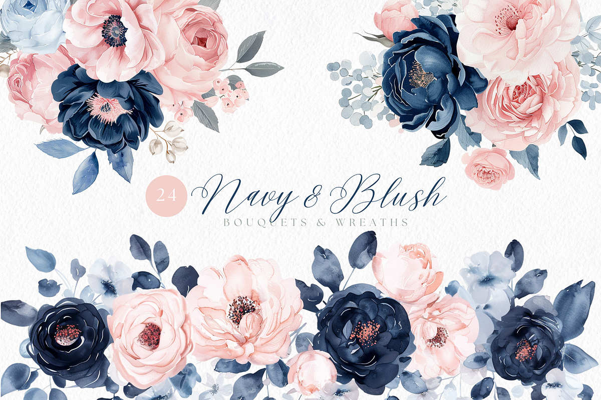 Navy and Blush Floral Clipart, a Decorative Illustration by ClipArtCharm (Photo 1 of 4)