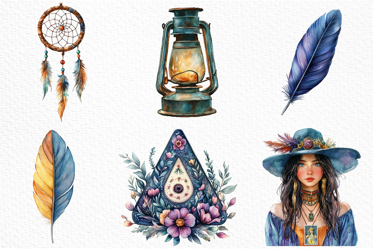 Watercolor Boho Witchcraft Clipart, an Illustration by Craft Nest (Photo 3 of 6)