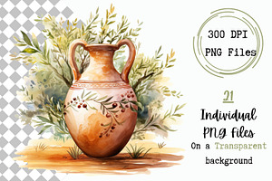 Watercolor Olive Clay Jugs Clipart