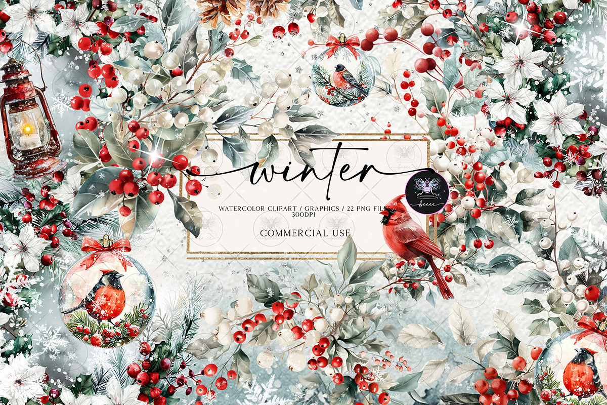 Winter Christmas  Watercolor Clipart, an Illustration by BigCakeBee (Photo 1 of 4)