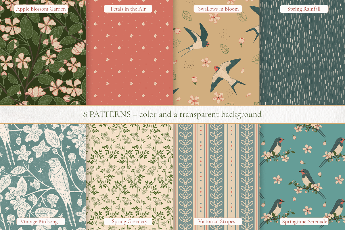 Vintage Apple Blossom & Swallows, a Pattern Graphic by PenguinArtStudio (Photo 2 of 15)