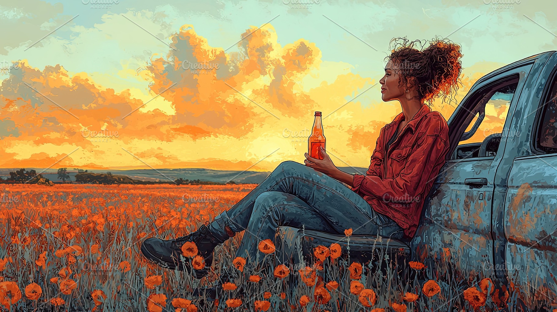 Young woman sitting by a pickup truck in a scenic flower field, a Photo by AS photostudio