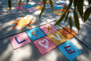 Colorful hopscotch game drawn on pavement in a sunny outdoor setting, a Photo by AlyaAnd