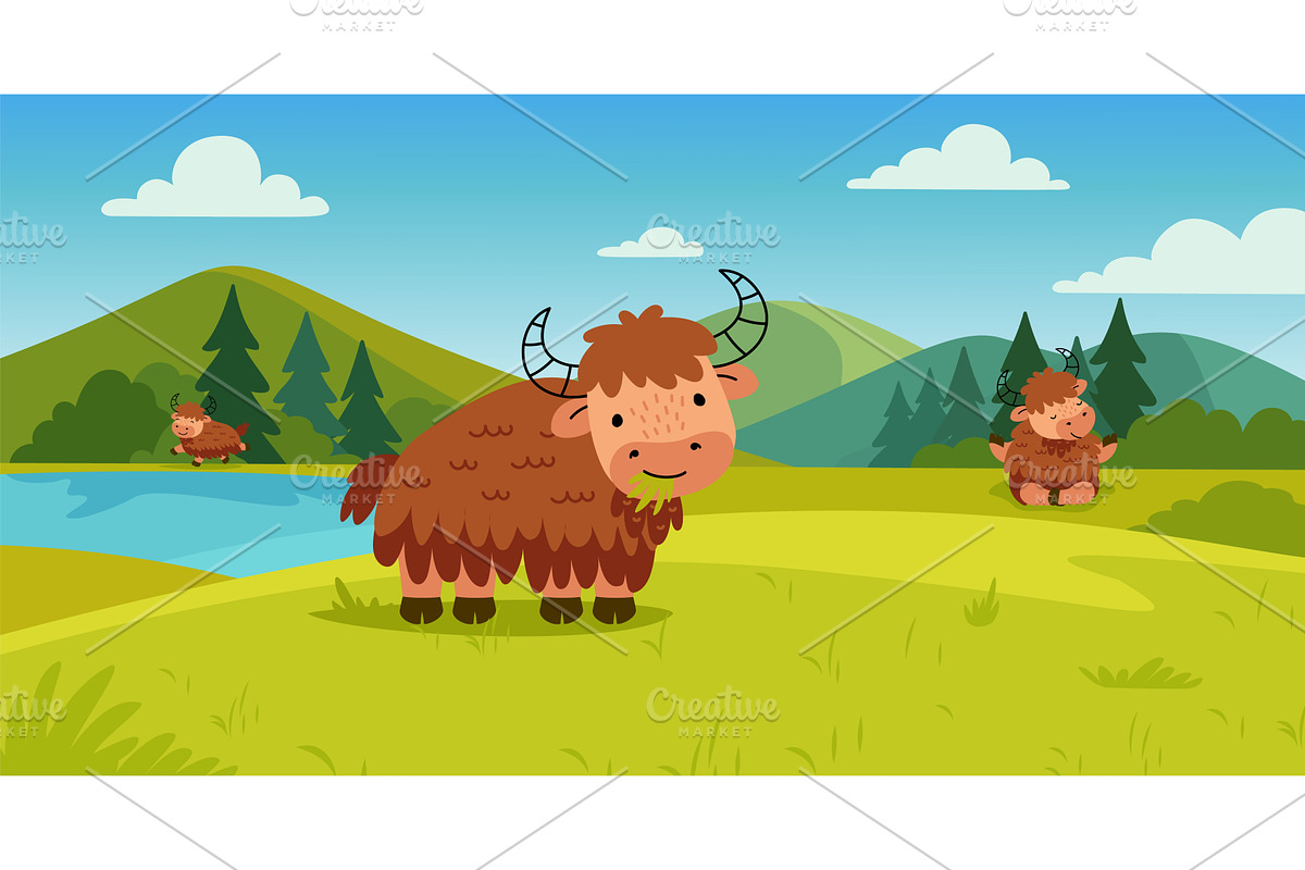 Yaks on nature. Funny yak eating, an Animal Illustration by Valerie Bodnar