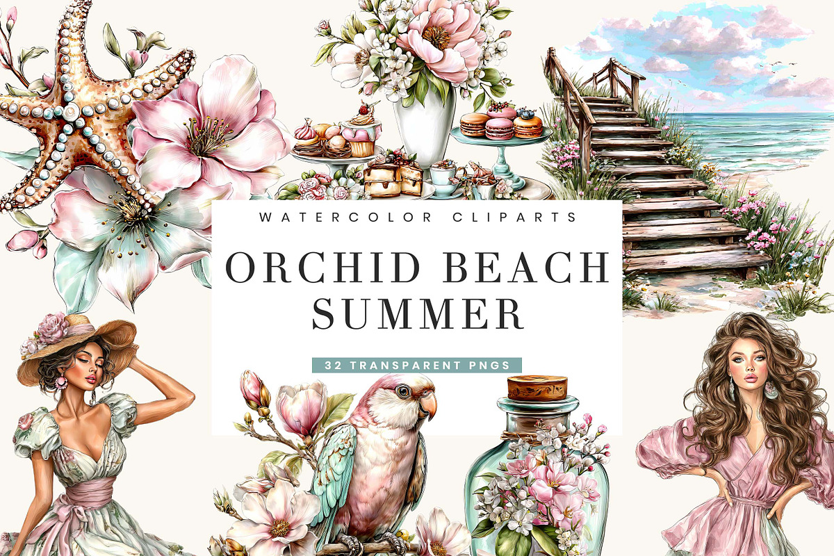 Orchid Beach Summer Clipart, a Seasonal Illustration by BusyDaydesign (Photo 1 of 9)