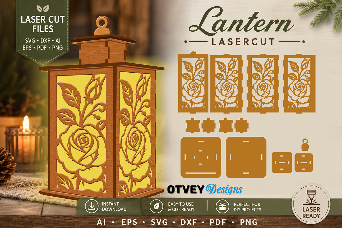 Floral Lantern SVG Bundle Laser Cut, a Decorative Illustration by OTVEY DESIGN (Photo 13 of 14)